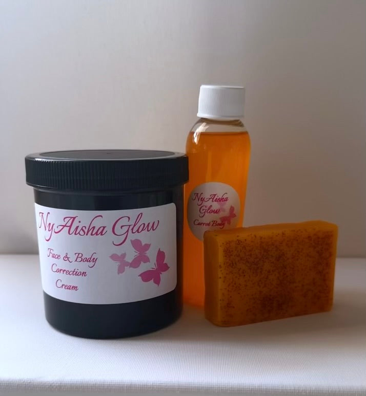 Nyaisha Glow 16 0Z Face & Body Cream Turmeric Lemon Soap Carrot Oil Set
